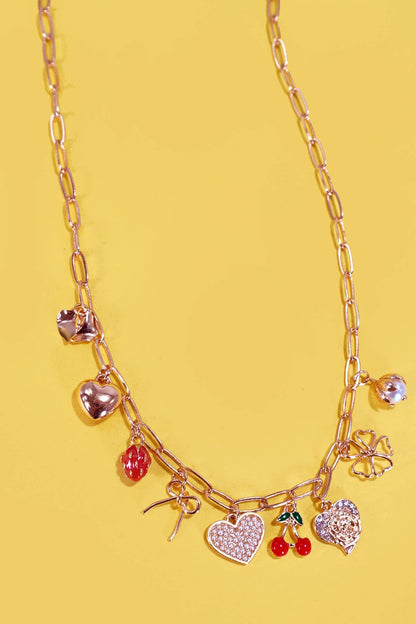 MULTI CHARM BOW CHERRY HEART NECKLACE | Gold