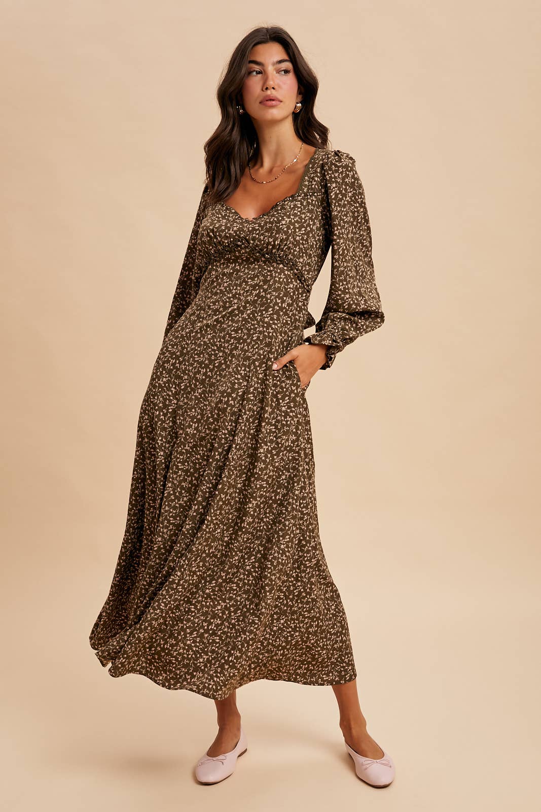 SWEETHEART FLORAL MAXI DRESS: OLIVE / L