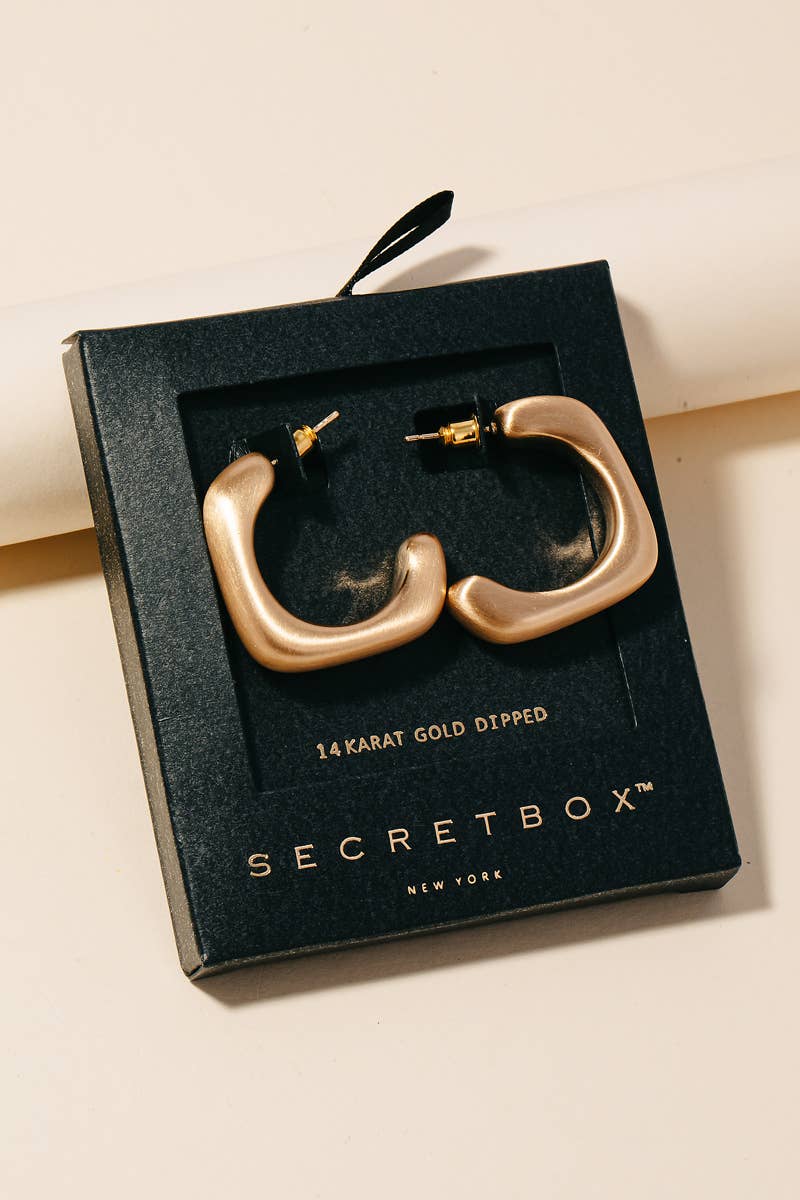 Secret Box Brushed Gold Dipped Square Hoop Earrings