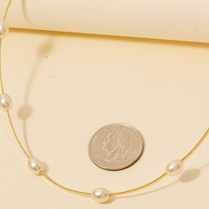 Gold Dipped Pearl Station Beads Box Chain Necklace: GOLD