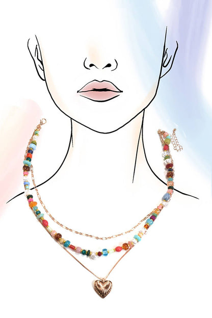 MULTI LAYERED BEADED HEART CHARM NECKLACE | GOLD