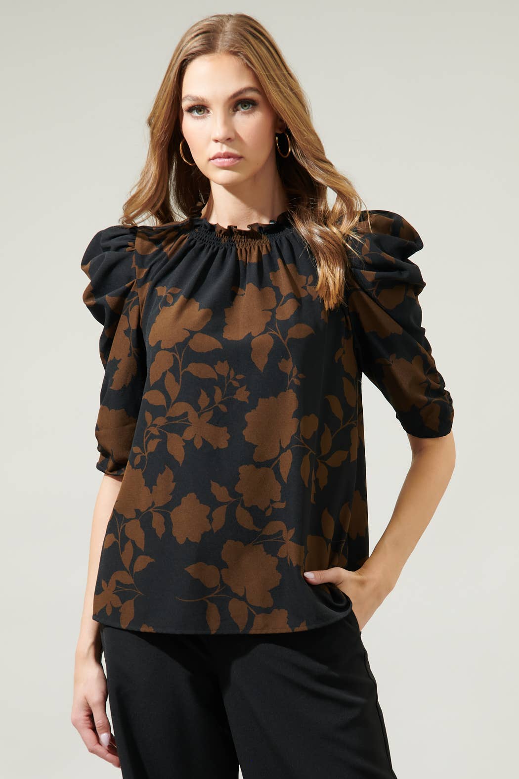 Toffee Floral Drape Sleeve Top: BROWN-BLACK