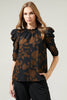 Toffee Floral Drape Sleeve Top: BROWN-BLACK