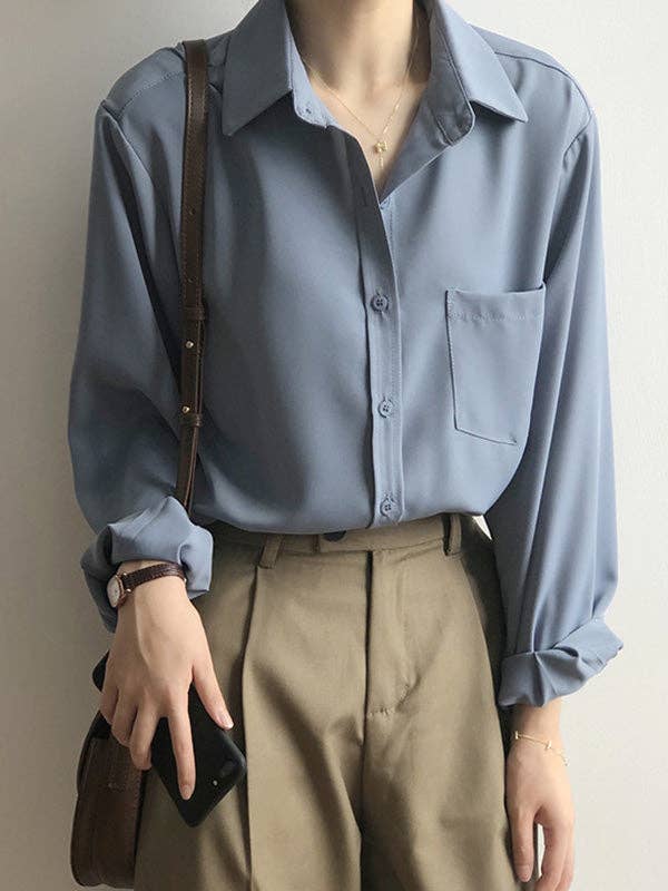 Urban Solid Color Lapel Long Sleeves Blouse: WHITE