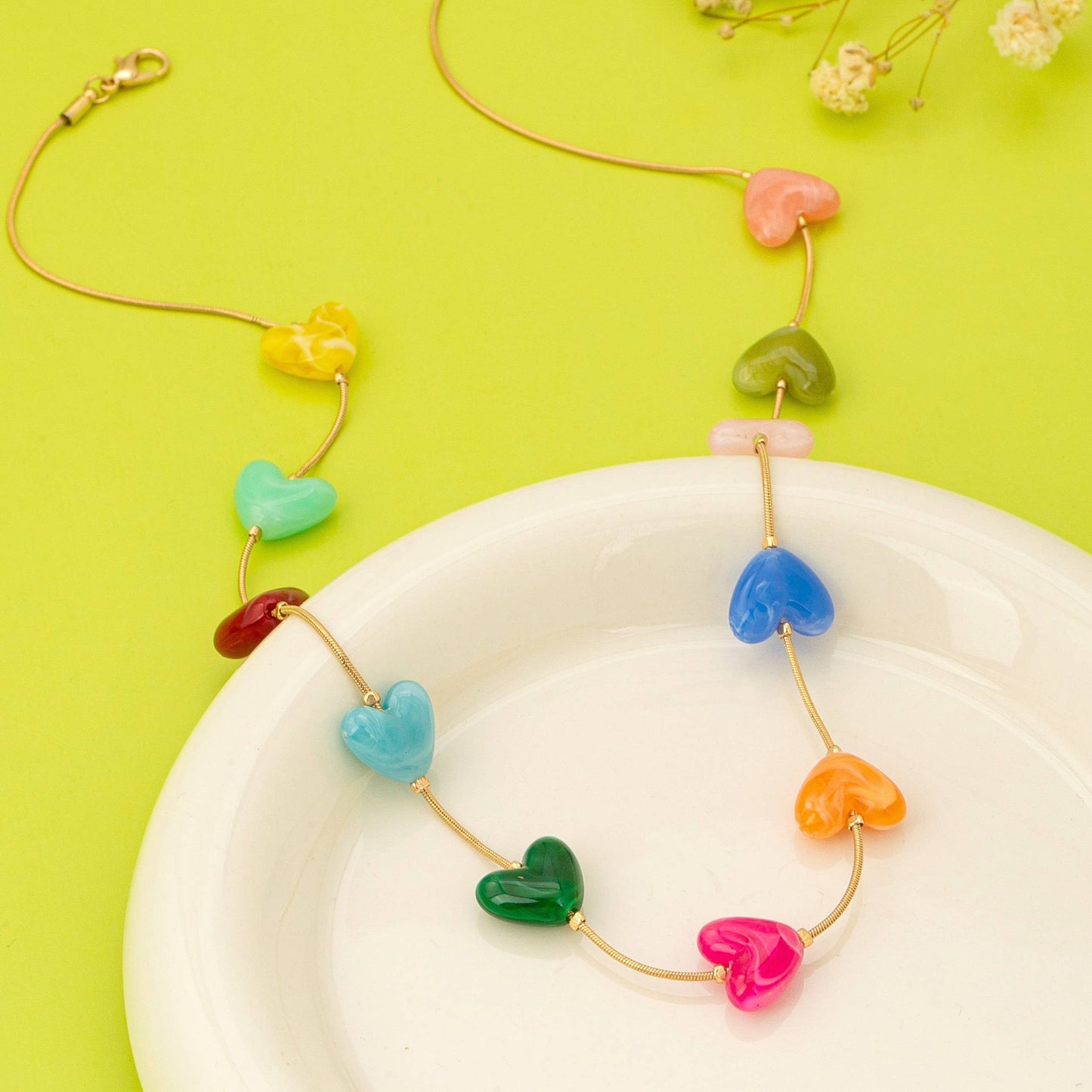 Multicolor Resin Beaded Heart Station Necklace | MULTI