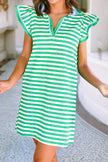 LDC Stripe Print Contrast Collar Split Neck Short Dress: Green