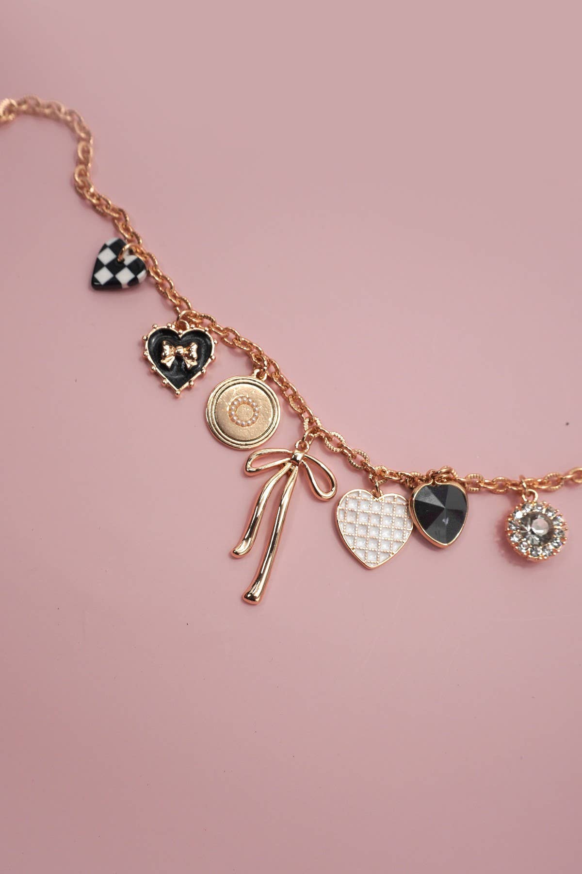 CHARM NECKLACE-BOW CHECKER HEART RHINESTONE | Gold