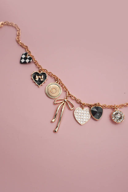 CHARM NECKLACE-BOW CHECKER HEART RHINESTONE | Gold