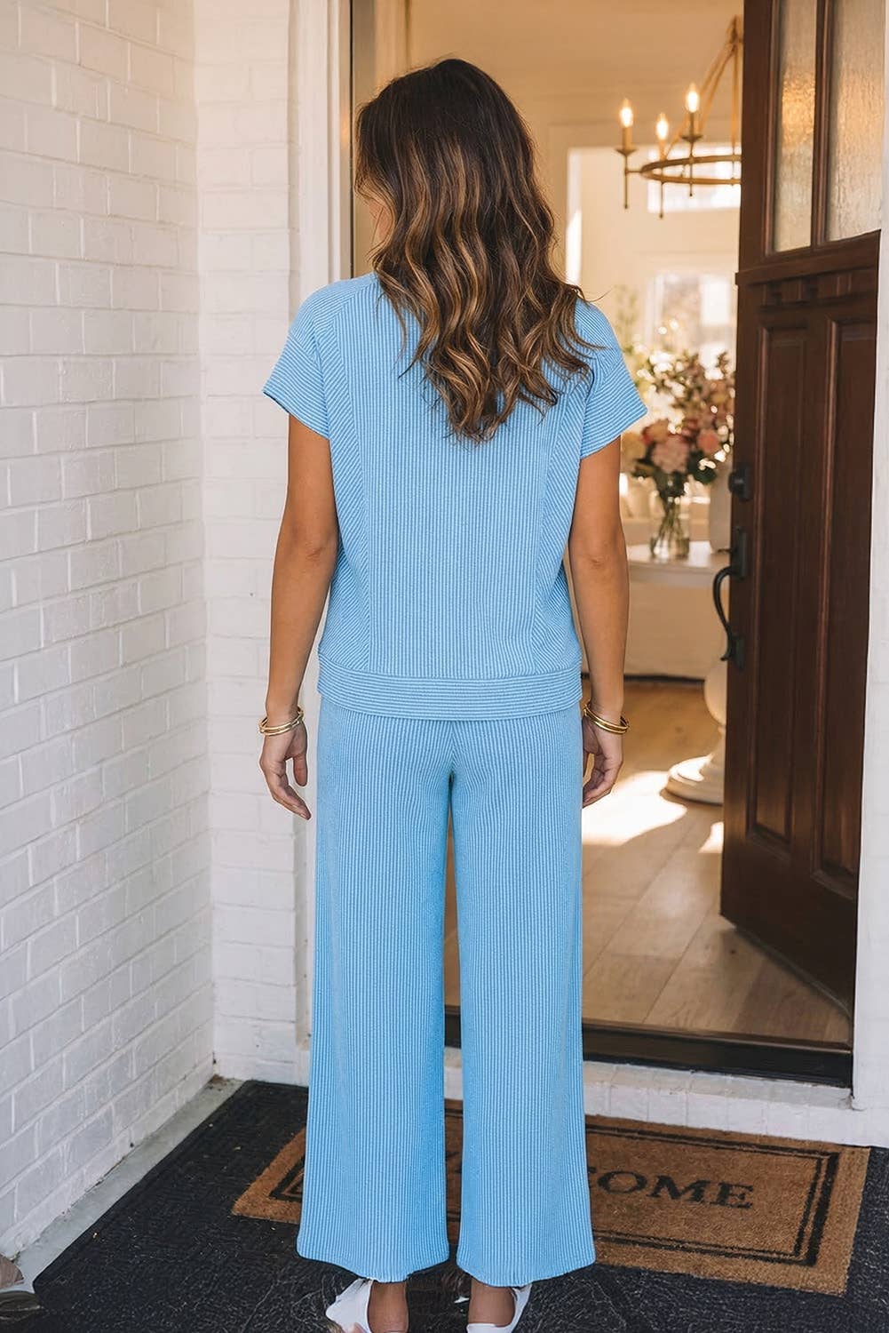 CORDED KNIT TSHIRT & WIDE LEG PANTS SET