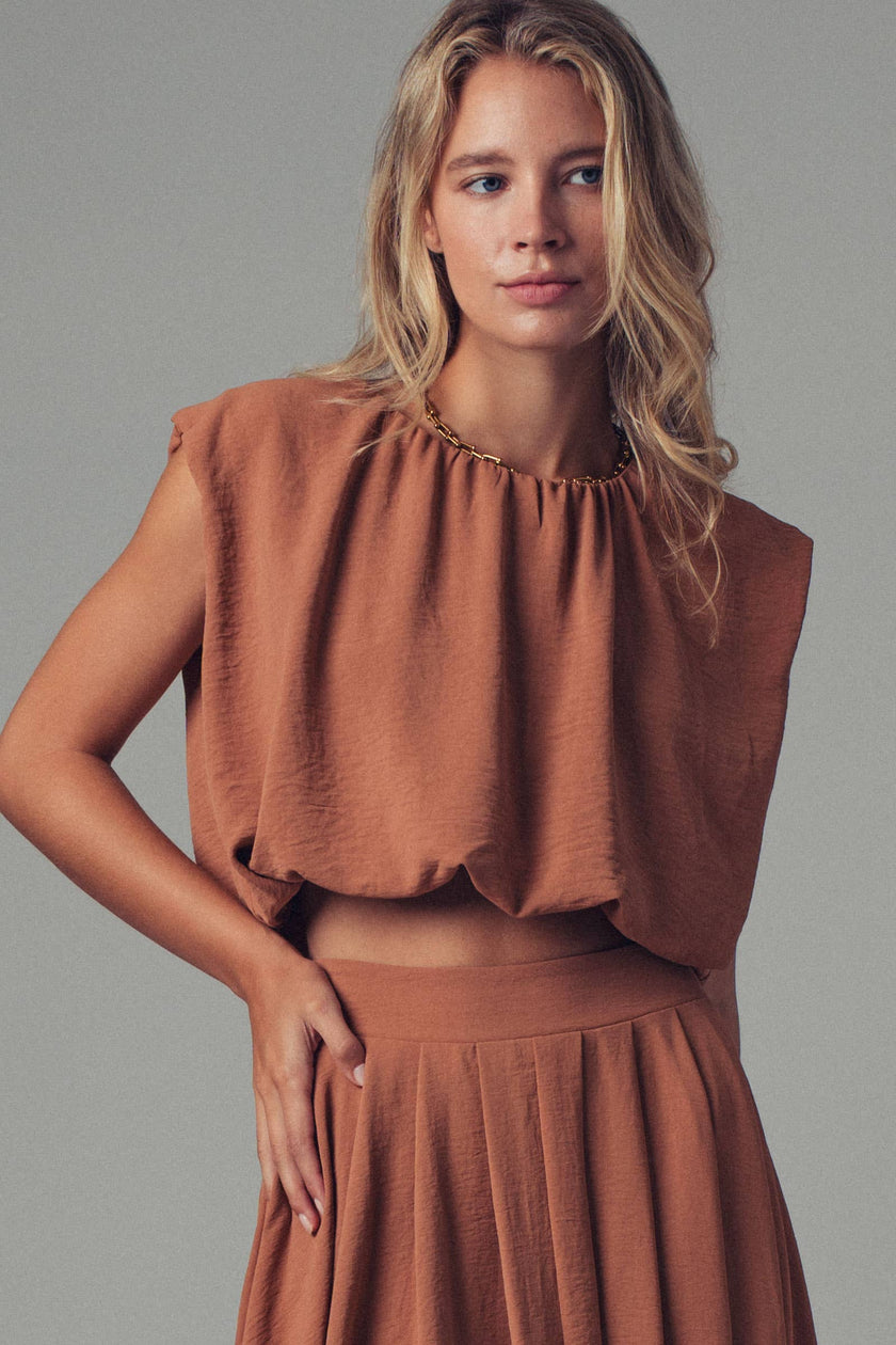 Back Tie Sleeveless Relaxed Top: CAMEL
