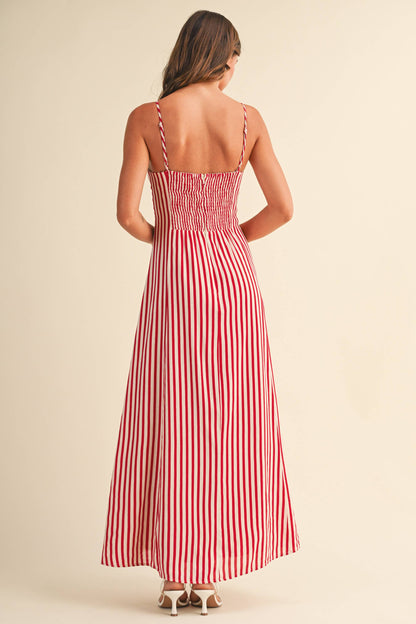 STRIPED BUSTIER SLEEVELESS FLARED MAXI DRESS