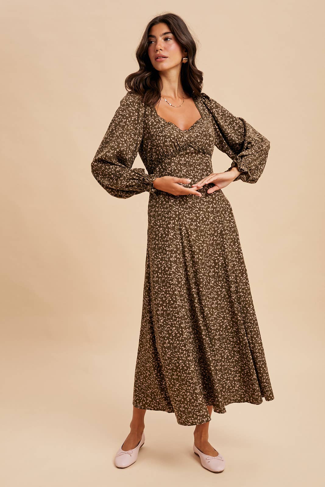 SWEETHEART FLORAL MAXI DRESS: OLIVE / L