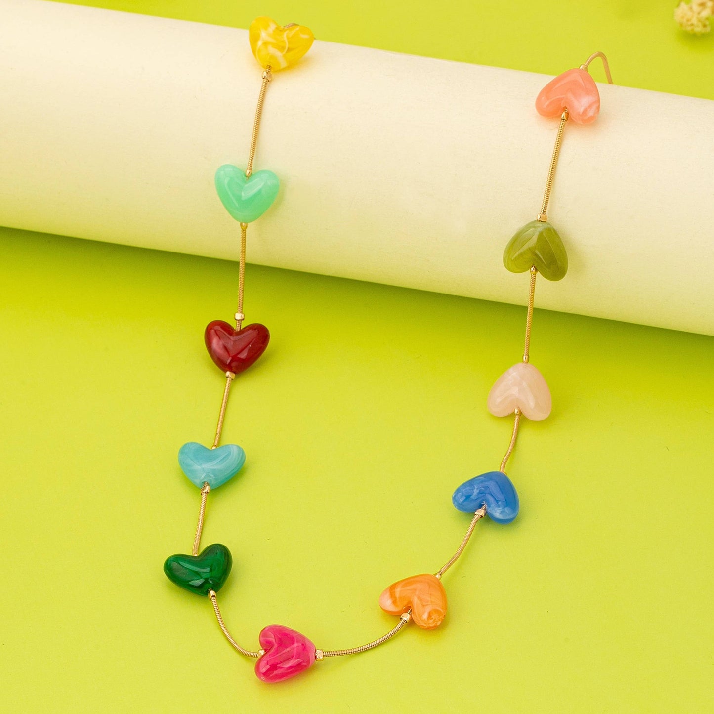 Multicolor Resin Beaded Heart Station Necklace | MULTI
