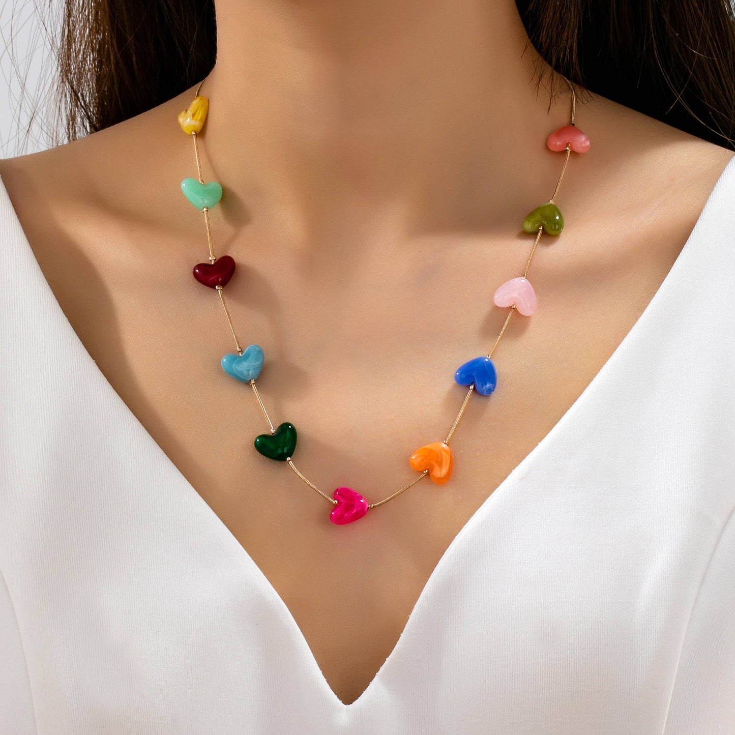 Multicolor Resin Beaded Heart Station Necklace | MULTI
