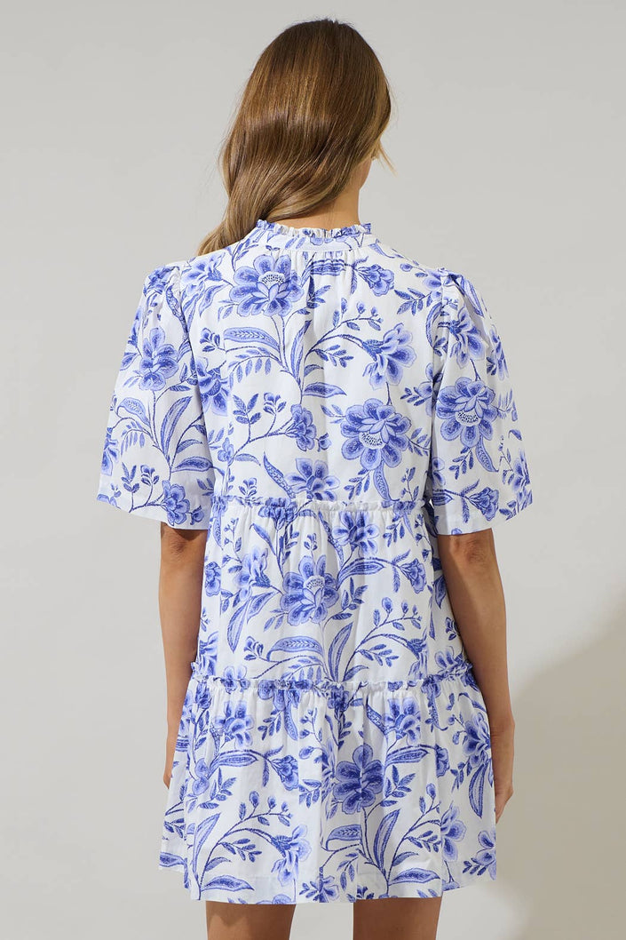 Maeve Floral Dixie Split Neck Shift Dress: WHT-COBALTS