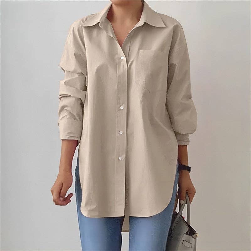 Lapel Split Hem Long Sleeve Shirt in Solid Color: KHAKI
