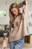 CESW3392 - DIAMOND PATTERN CABLE KNIT SWEATER: Oatmeal / S-M-L(2-2-2)