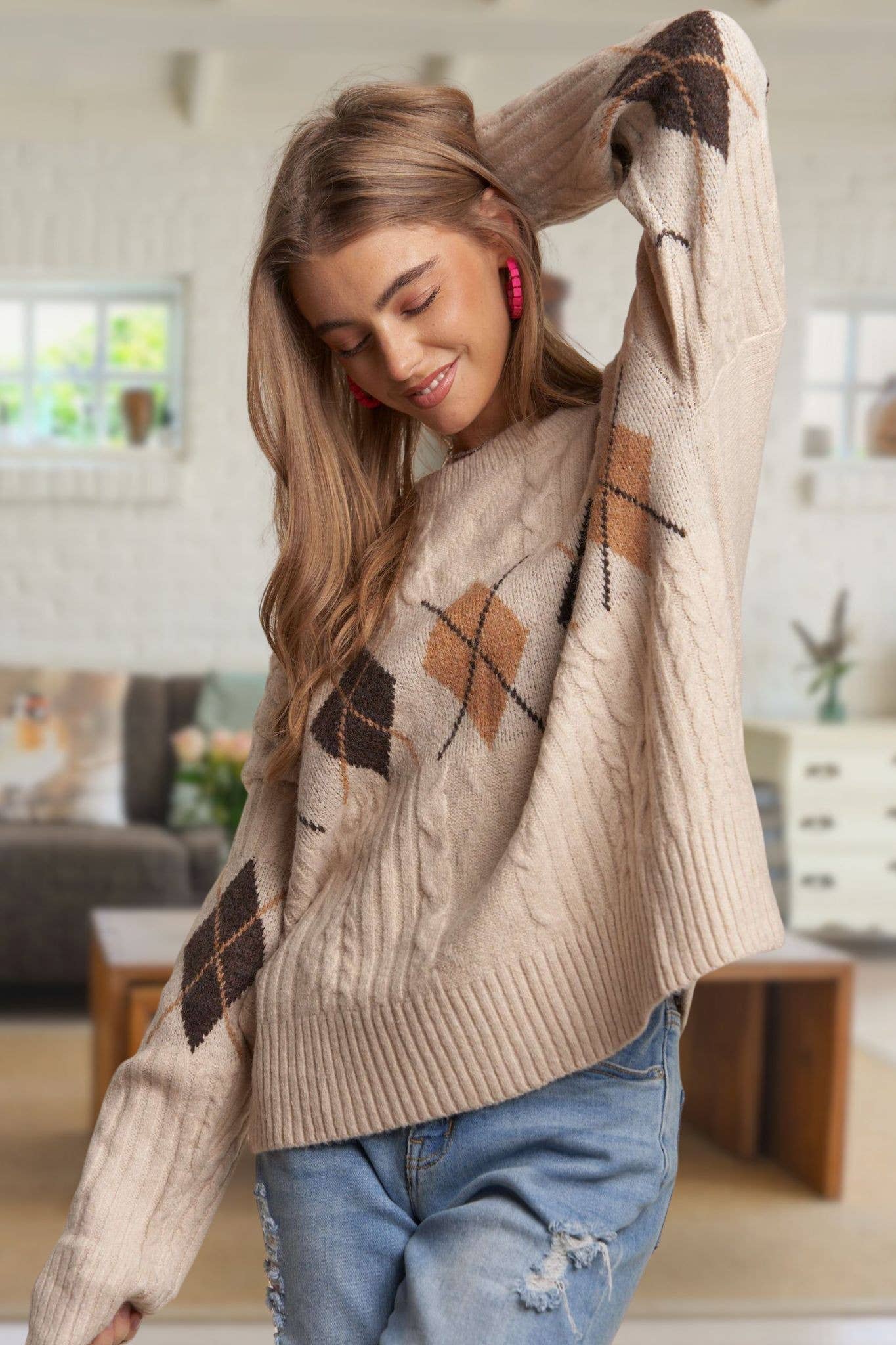 CESW3392 - DIAMOND PATTERN CABLE KNIT SWEATER: Oatmeal / S-M-L(2-2-2)