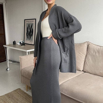 KHAKI CARDIGAN & SKIRT SET