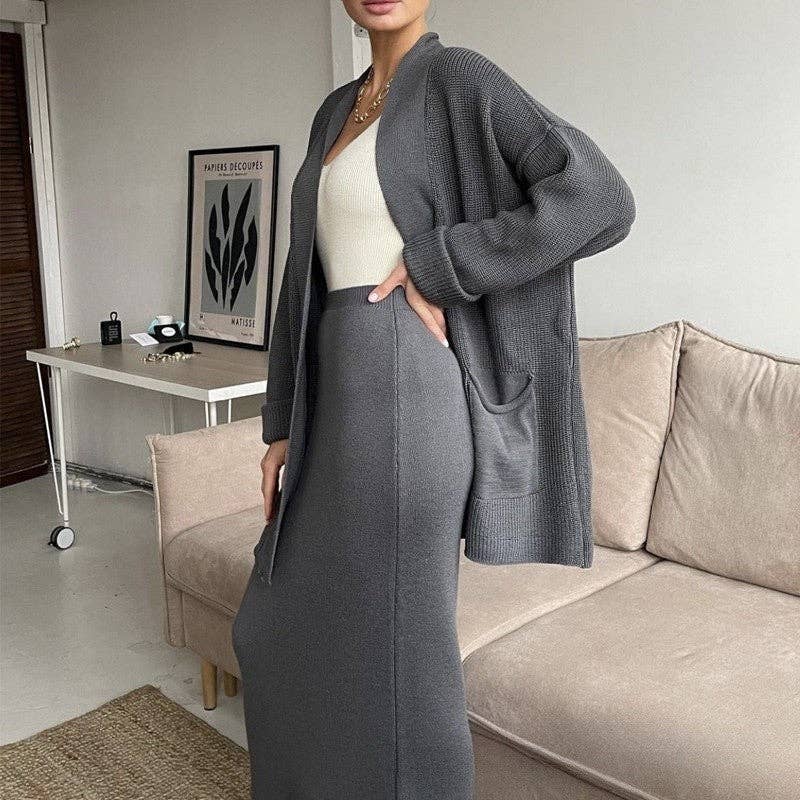 Loose Solid Color Cardigan Sweater And Midi Skirt Set: KHAKI / One_size