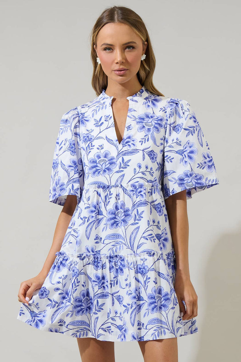 Maeve Floral Dixie Split Neck Shift Dress: WHT-COBALTS