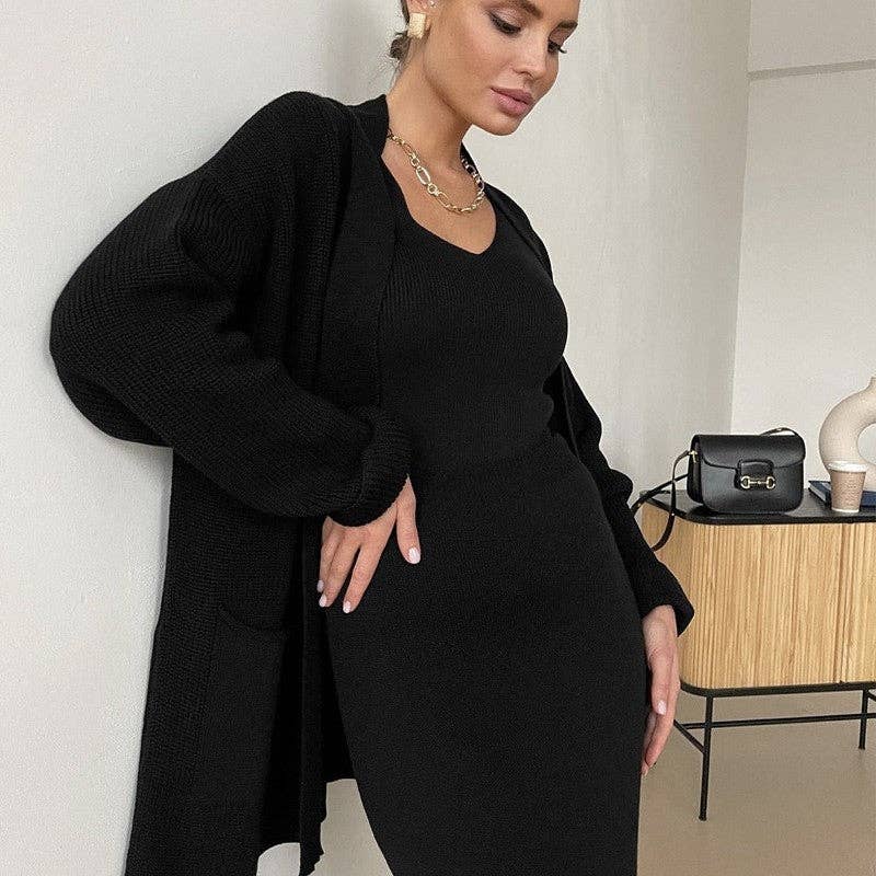 Loose Solid Color Cardigan Sweater And Midi Skirt Set: KHAKI / One_size