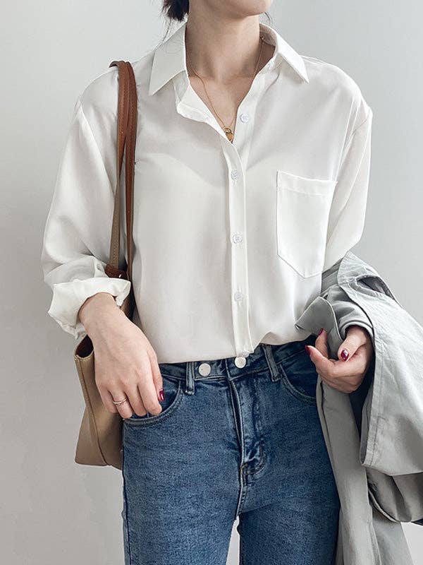 Urban Solid Color Lapel Long Sleeves Blouse: WHITE