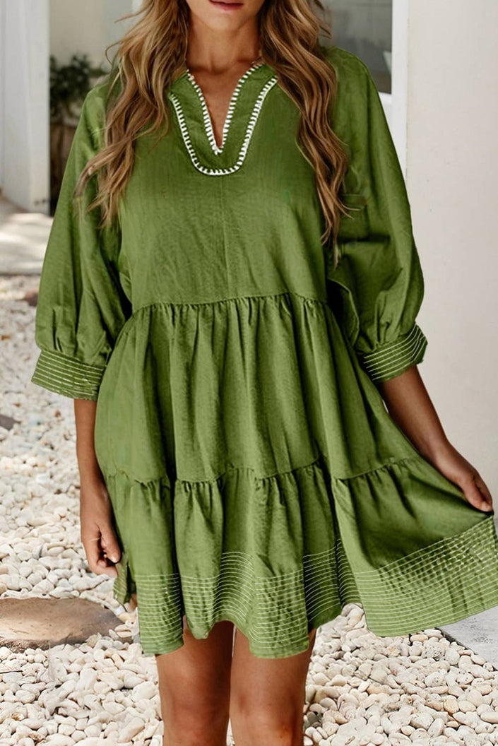LDC Contrast Stitched V Neck 3/4 Sleeve Swingy Mini Dress: Jungle Green