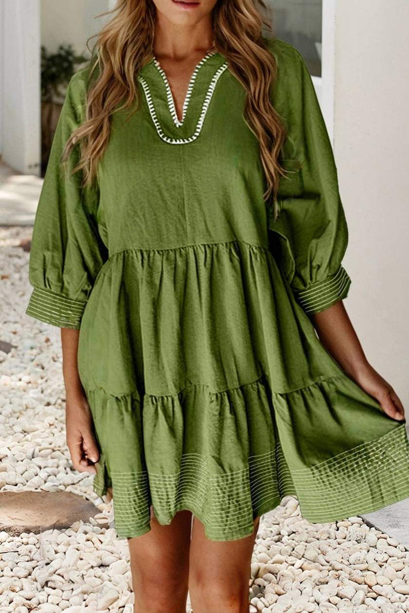 LDC Contrast Stitched V Neck 3/4 Sleeve Swingy Mini Dress: Jungle Green