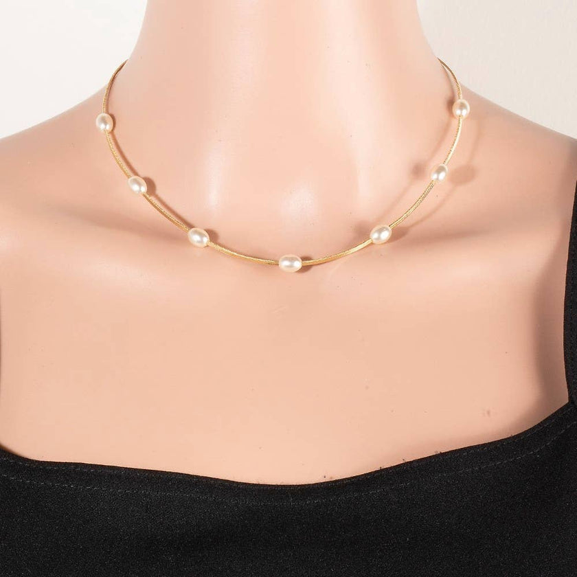 Gold Dipped Pearl Station Beads Box Chain Necklace: GOLD