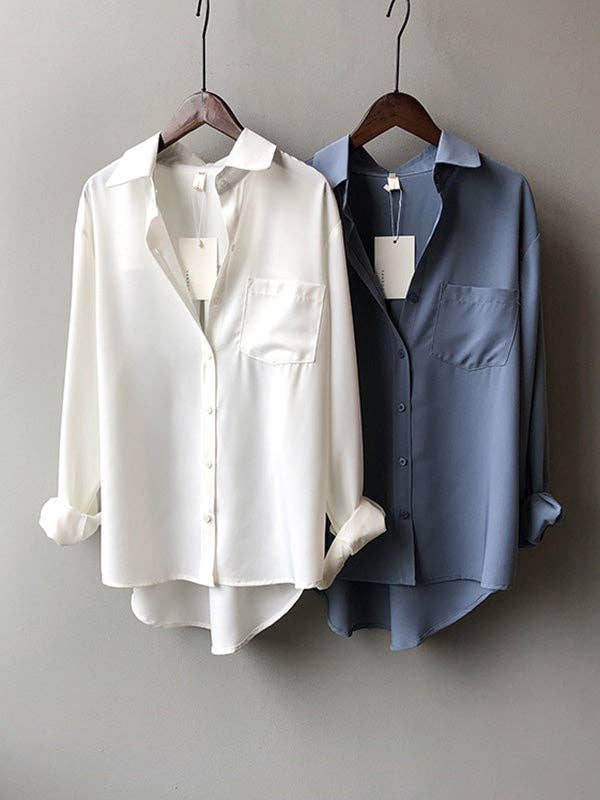 Urban Solid Color Lapel Long Sleeves Blouse: WHITE