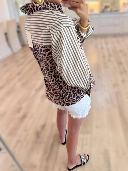 Chic Style Leopard & Striped Patchwork Shirt: