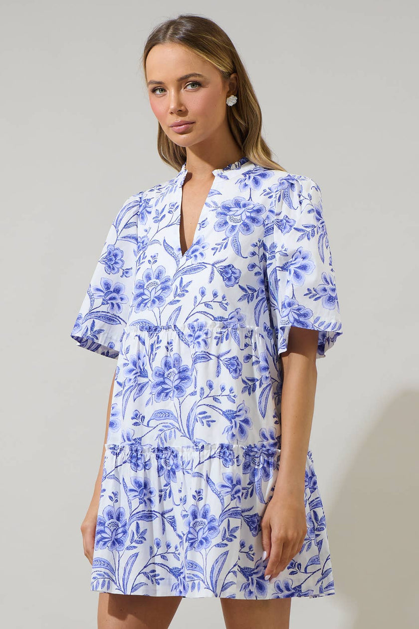 Maeve Floral Dixie Split Neck Shift Dress: WHT-COBALTS