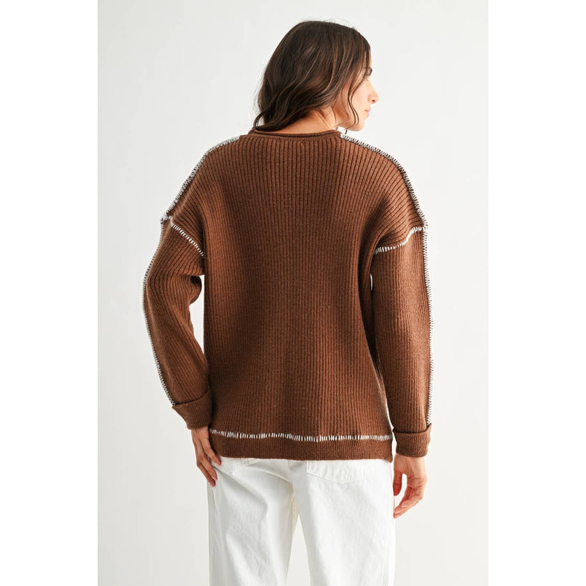 BROWN RIBBED SWEATER WITH CONTRASTING STITCHING