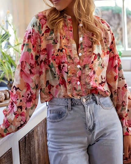 Idyllic Vibrant Floral Ruffled Design Blouse: Floral