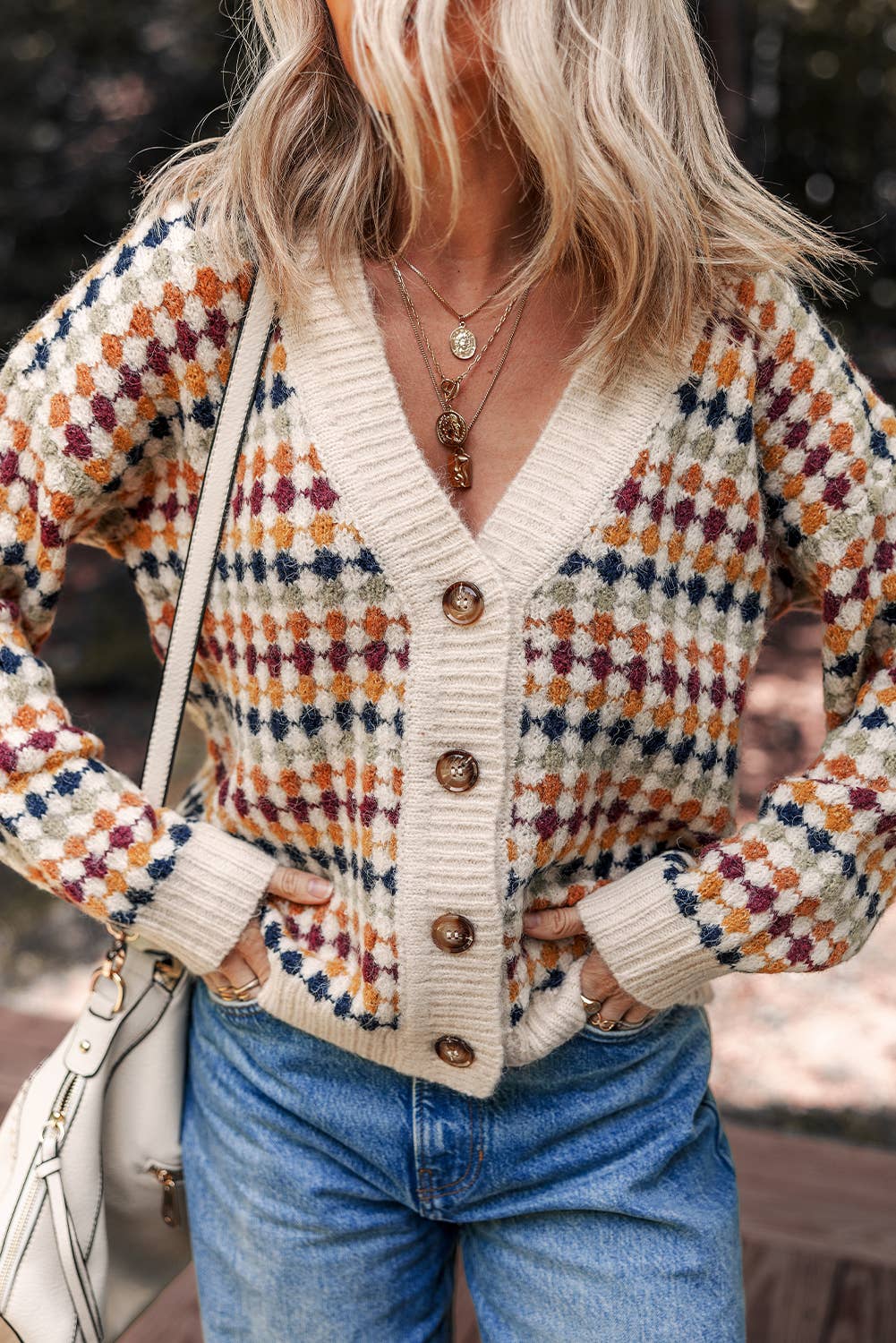 DOTTY PATTERN KNIT BUTTON FRONT SWEATER CARDIGAN