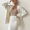 Loose Solid Color Cardigan Sweater And Midi Skirt Set: KHAKI / One_size
