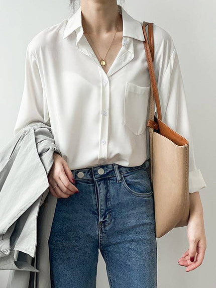 Urban Solid Color Lapel Long Sleeves Blouse: WHITE
