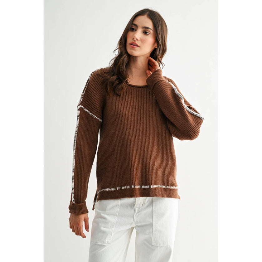 BROWN RIBBED SWEATER WITH CONTRASTING STITCHING