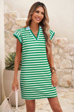 LDC Stripe Print Contrast Collar Split Neck Short Dress: Green