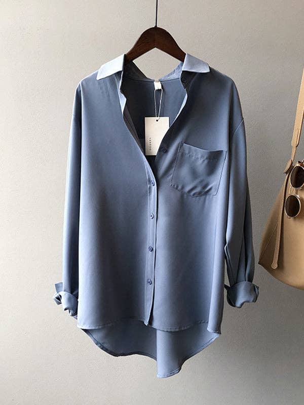 Urban Solid Color Lapel Long Sleeves Blouse: WHITE