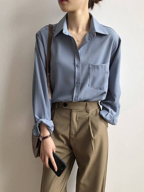 Urban Solid Color Lapel Long Sleeves Blouse: WHITE