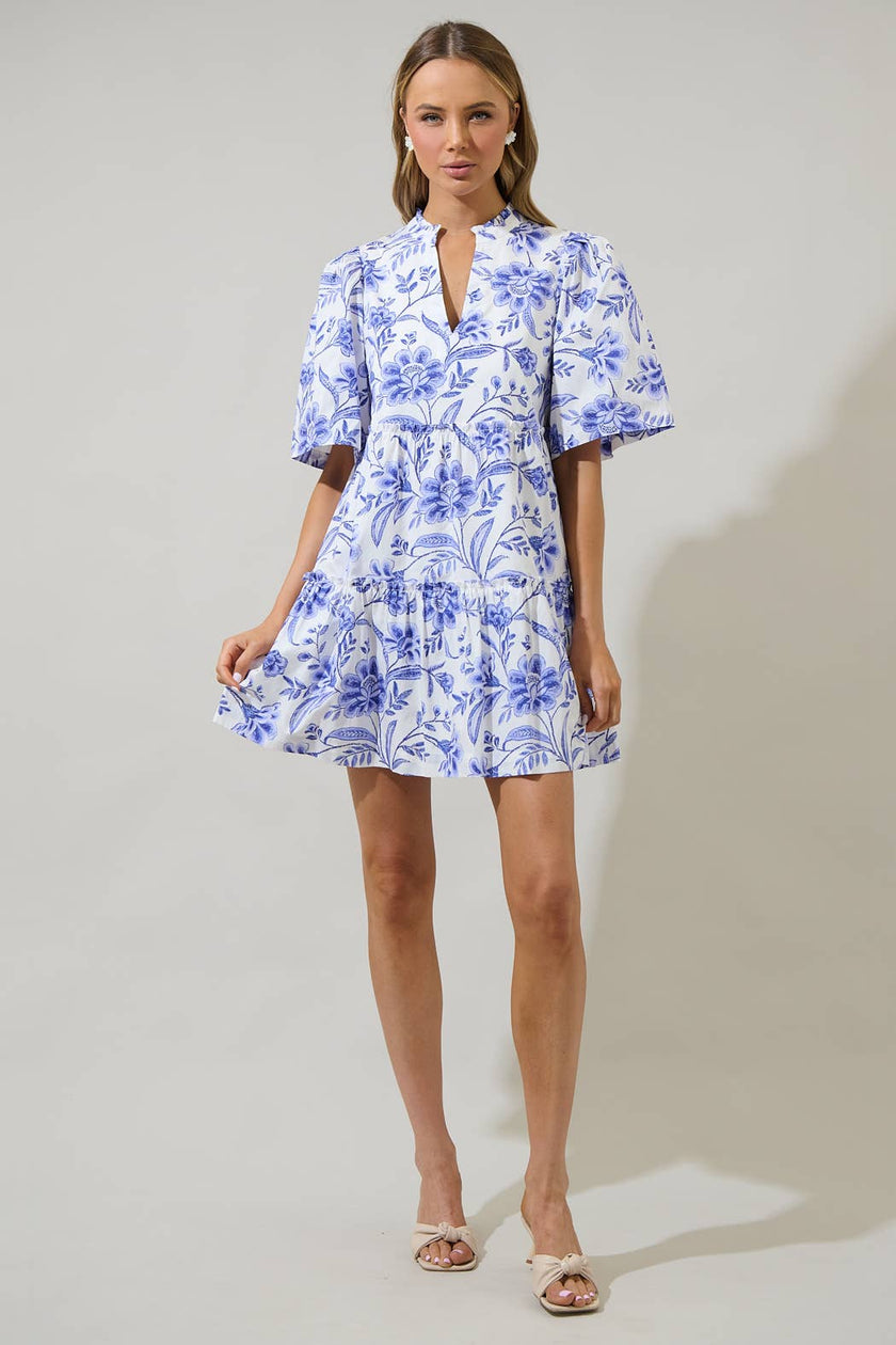 Maeve Floral Dixie Split Neck Shift Dress: WHT-COBALTS