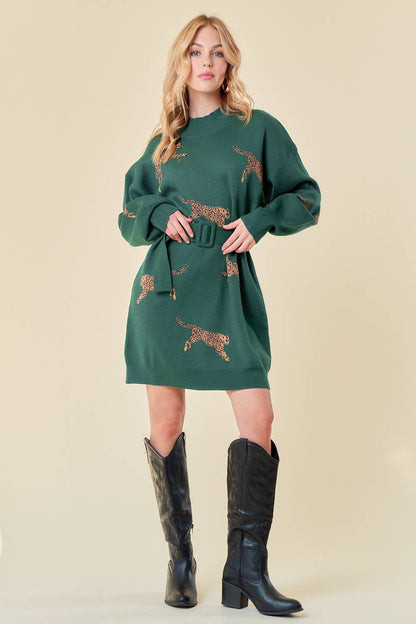 CHEETAH SWEATER BELTED DRESS
