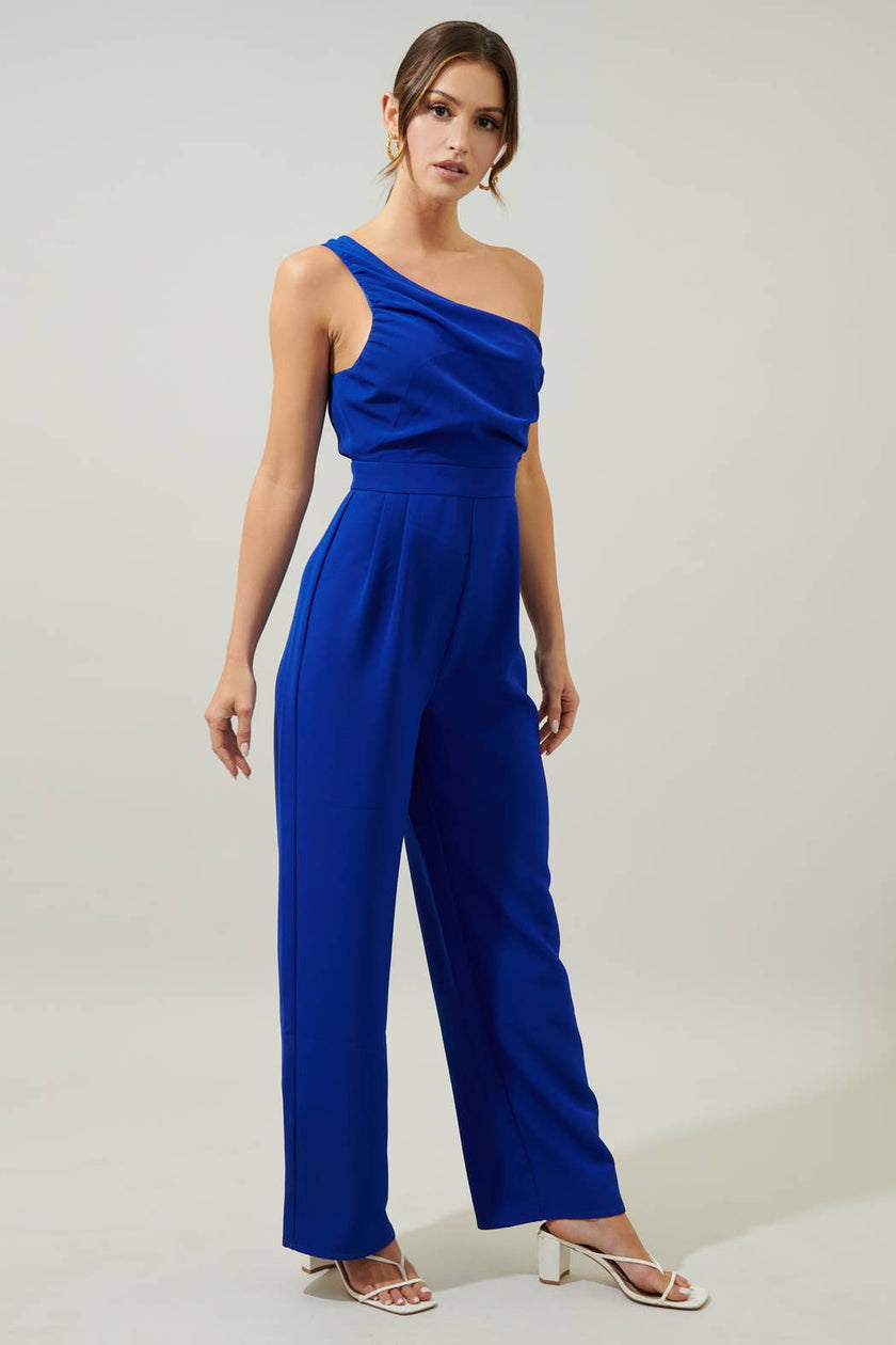 Blaine One Shoulder Ruched Jumpsuit: Cobalt