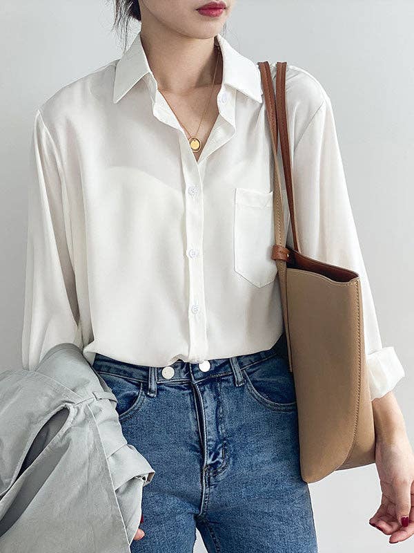 Urban Solid Color Lapel Long Sleeves Blouse: WHITE