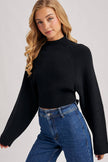 MOCK NECK OPEN BACK RIBBED KNIT TIE SWEATER TOP
