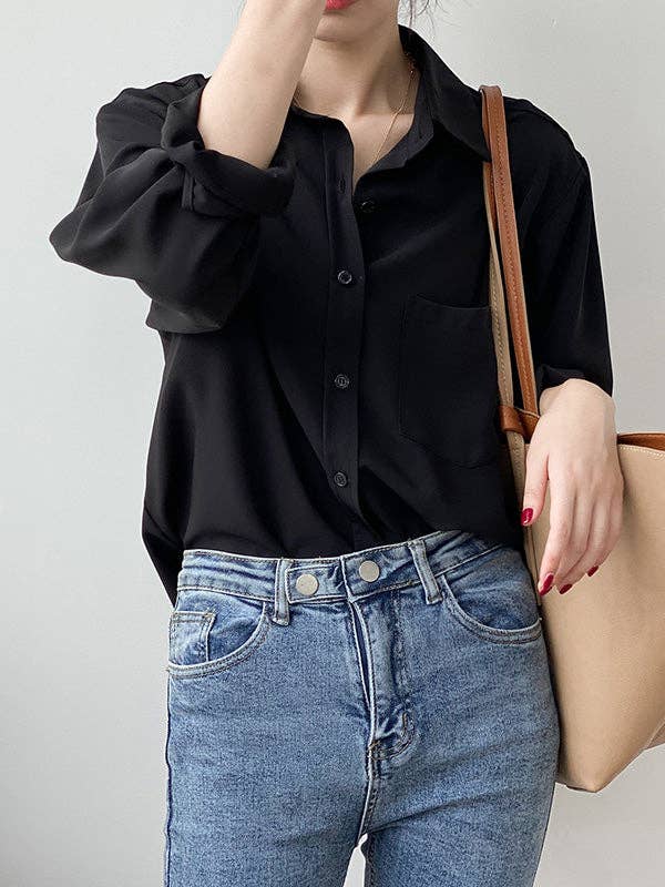 Urban Solid Color Lapel Long Sleeves Blouse: WHITE