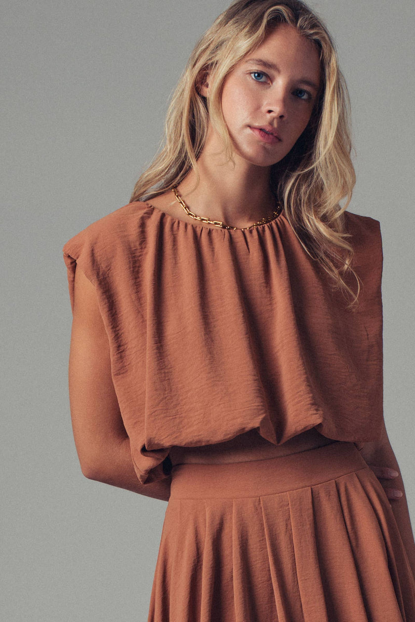 Back Tie Sleeveless Relaxed Top: CAMEL