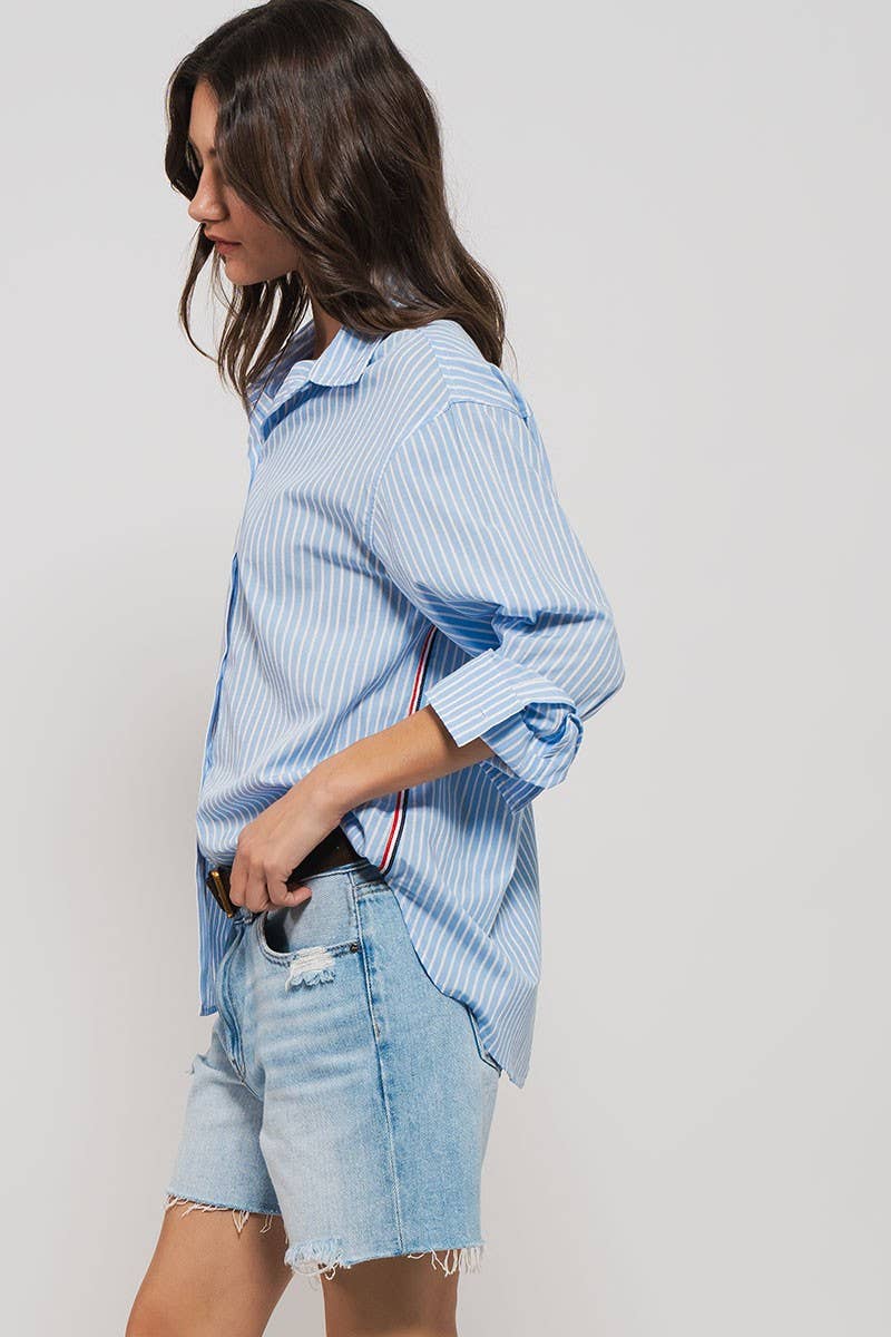 STRIPED TWILL TAPE DETAIL STATEMENT BUTTON SHIRT